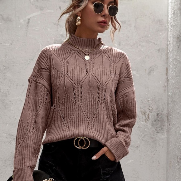 mock neck textured kni cuff sleeve sweater blue - Picture 7 of 7